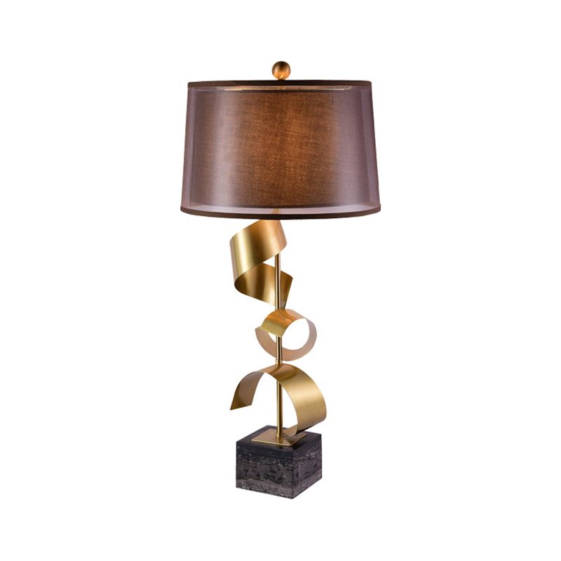 Fabric Drum Table Stand Lamp Modern 1 Head Brown Night Light with Gold Foil Decor