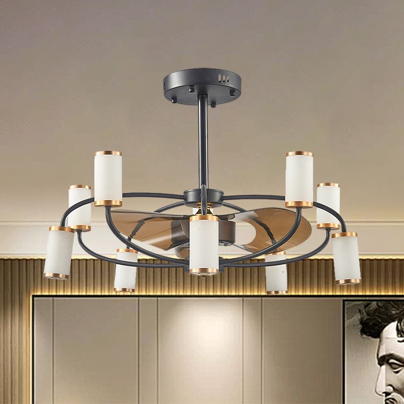 Acrylic Tubular Pendant Fan Lamp Modernism 35.5" W 10-Bulb Black 3-Blade Semi Flush Mount Lighting