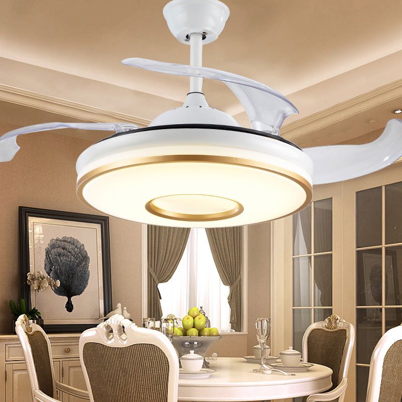 19" Wide Circle Hanging Fan Lamp Minimal Acrylic Dining Room LED Semi Flush Mount Lighting in White with 4 Blades