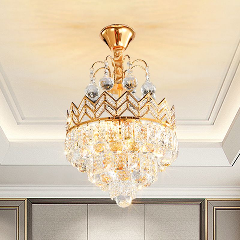 3 Bulbs Conical Semi Flush Mount with Crown Design Traditional Gold Faceted Crystal Ceiling Mount Light