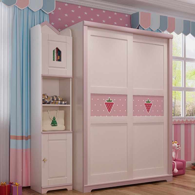 Contemporary Wooden Youth Armoire Pink Bedroom Kids Closet with Sliding Door