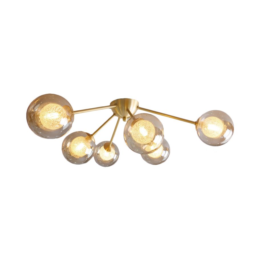 Modern Global Semi Flush Mount Clear/Amber/Smoke Glass 3/6 Lights Led Bedroom Semi Flush Mount Light Fixture in Gold