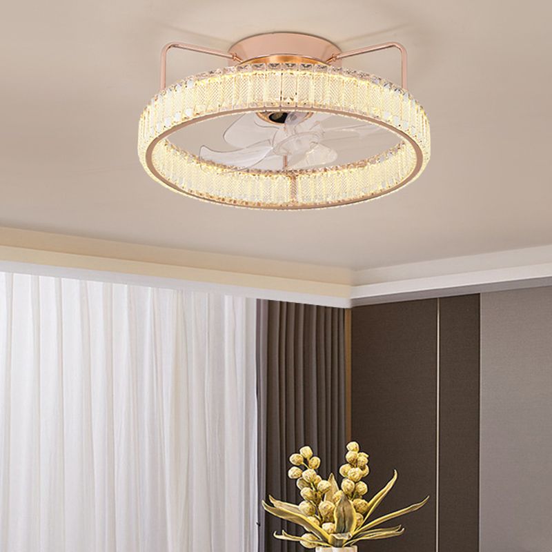 7-Blade LED Ceiling Fan Contemporary Crystal Golden Fan with Light for Foyer