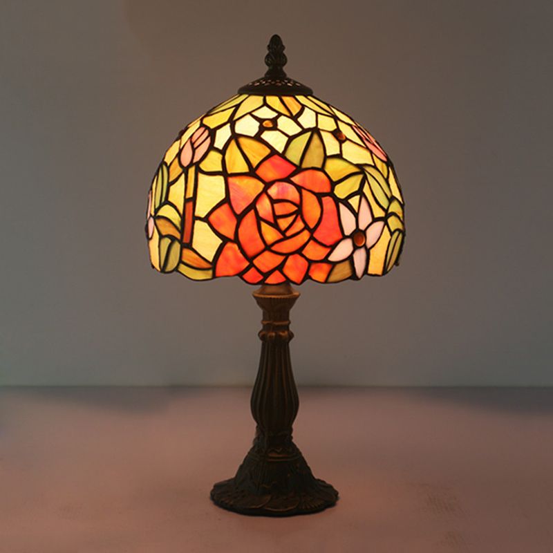 Bronze 1 Head Night Table Light Tiffany Style Cut Glass Yellow/Orange/Purple Rose Patterned Desk Lighting with Dome Shade