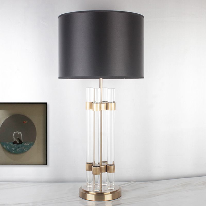 Barrel Fabric Desk Light Modern 1 Head Gold Night Table Lamp with Clear Crystal Base