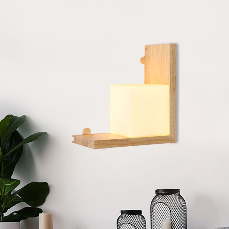 Wood Right Angle Panel Flush Wall Sconce Minimalist LED Beige Wall Light Fixture with Cube Opal Glass Shade