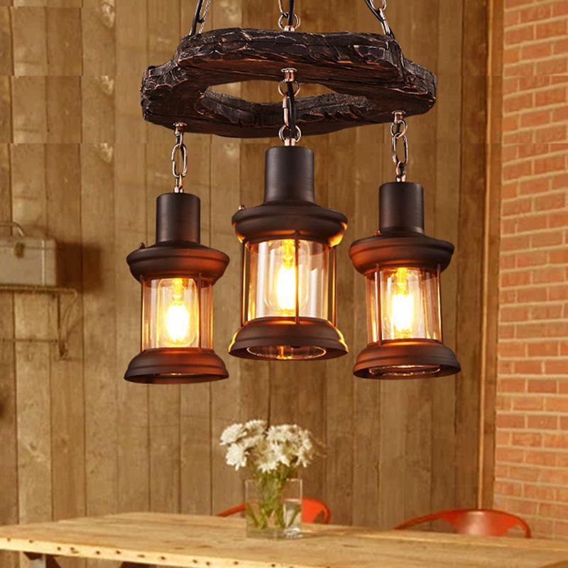 Distressed Wood Lantern Suspension Light Retro Style Clear Glass Restaurant Chandelier Light