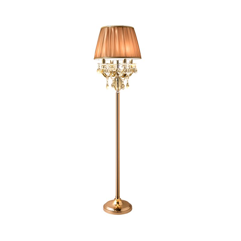 Traditional Candle Standing Lamp 4 Heads Crystal Raindrops Floor Light in Gold with Coffee Pleated Shade