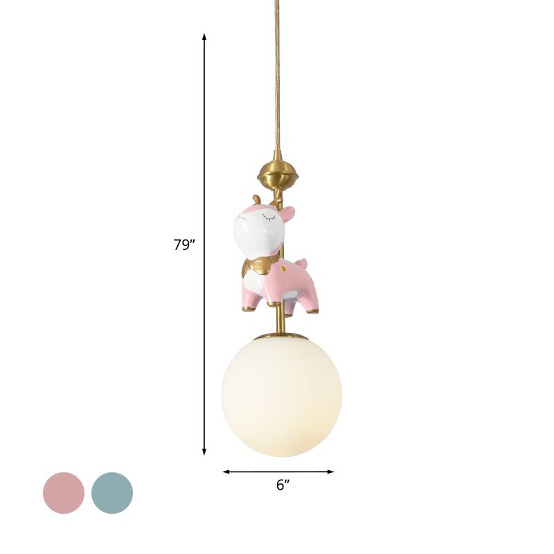 Resin Sika Deer Pendulum Light Cartoon 1 Bulb Blue/Pink-White/Blue-White Hanging Pendant with Ball Opal/Stained Glass Shade