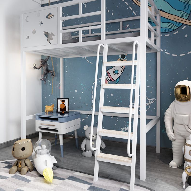 Built-In Ladder Loft Bed Metal White/Black Kids Bed with Guardrail, Space Theme