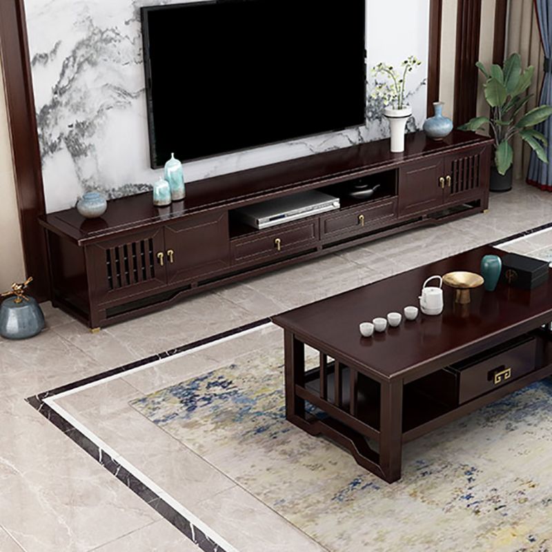 Traditional TV Media Stand Open Shelving Rubberwood TV Stand Console with Drawers