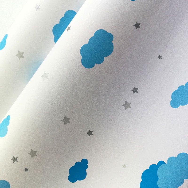 Nordic Wallpaper Roll in Blue and White Cartoon Cloud Wall Covering for Kid, 39.5'L x 23.5"W, Self-Adhesive