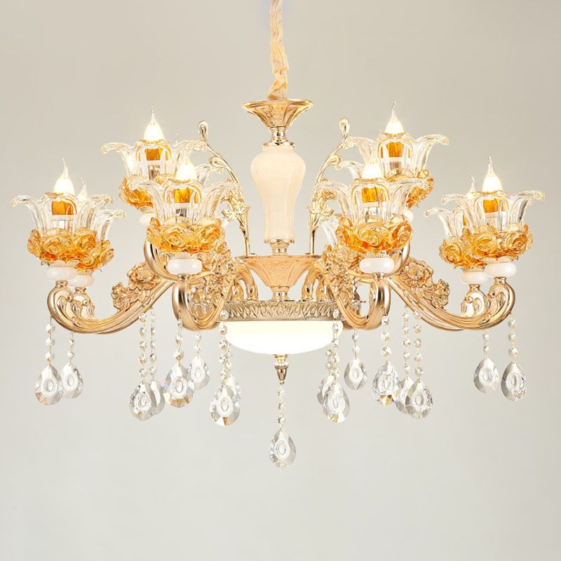 Living Room Chandelier Lamp Simple Gold Suspension Light Fixture with Floral Clear Glass Shade