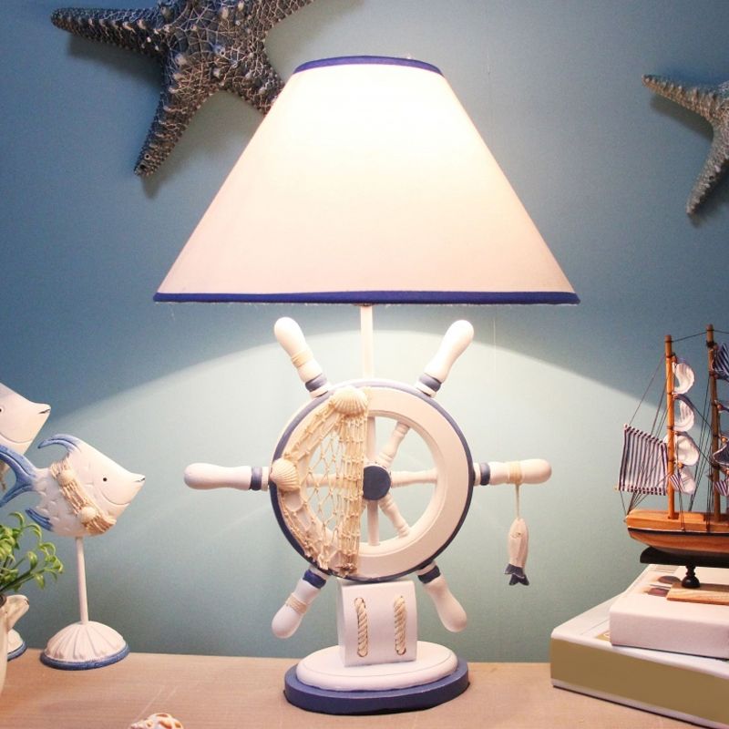 Resin Rudder Base Desk Lamp Children Single Bulb Blue Night Light with Cone White Fabric Shade