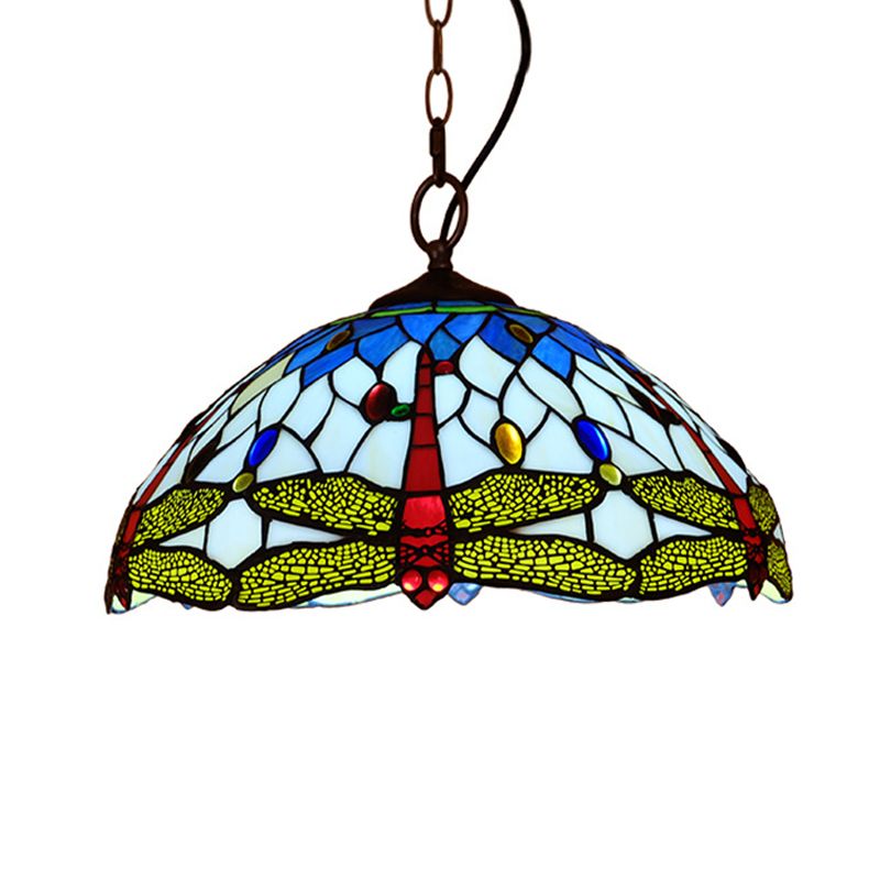 Tiffany Dragonfly Pendant Lighting Fixture 1 Light Stained Glass Ceiling Light in Red/Yellow/Blue for Kitchen