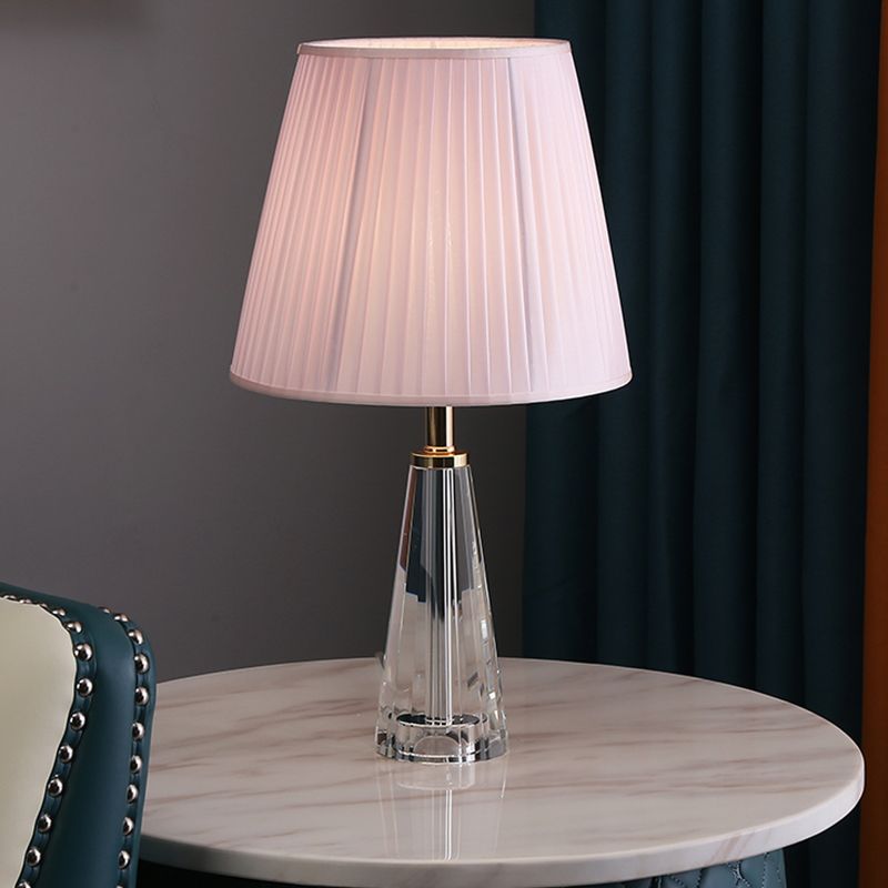 1 Light Conical Desk Lighting Minimalism Clear Crystal Nightstand Lamp in Grey/Pink/Blue with Pleated Shade