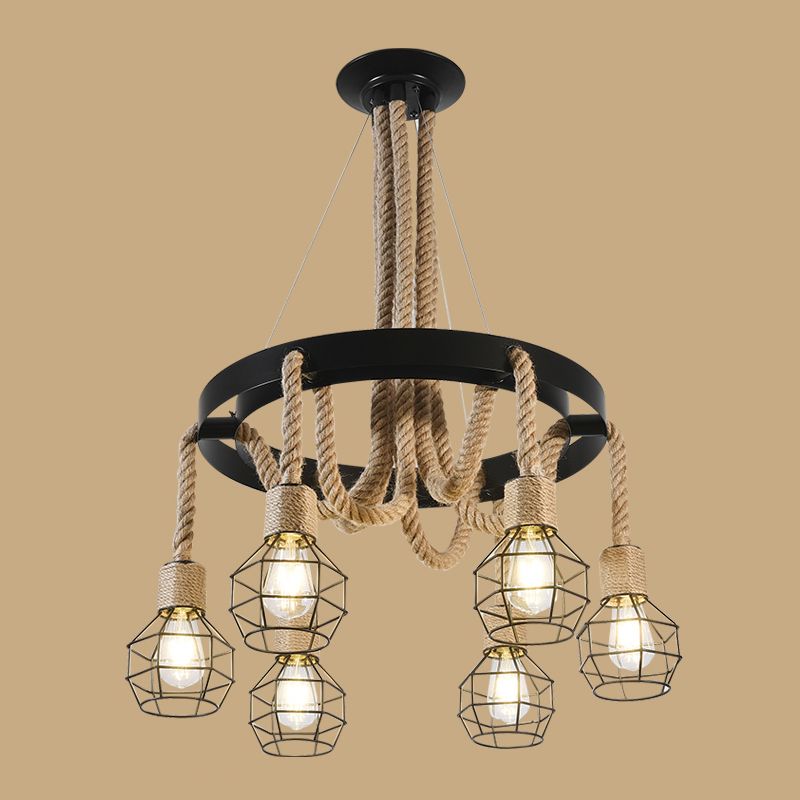 Beige Ceiling Hung Fixture Rustic Style Rope Caged Hanging Chandelier Light for Restaurant