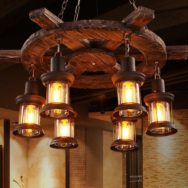 Wooden Rudder Retro 6-Lights Chandelier Light Vintage Nautical Style Kerosene Lamp Design Ceiling Pendant Lamp for Bar Cafe Shop