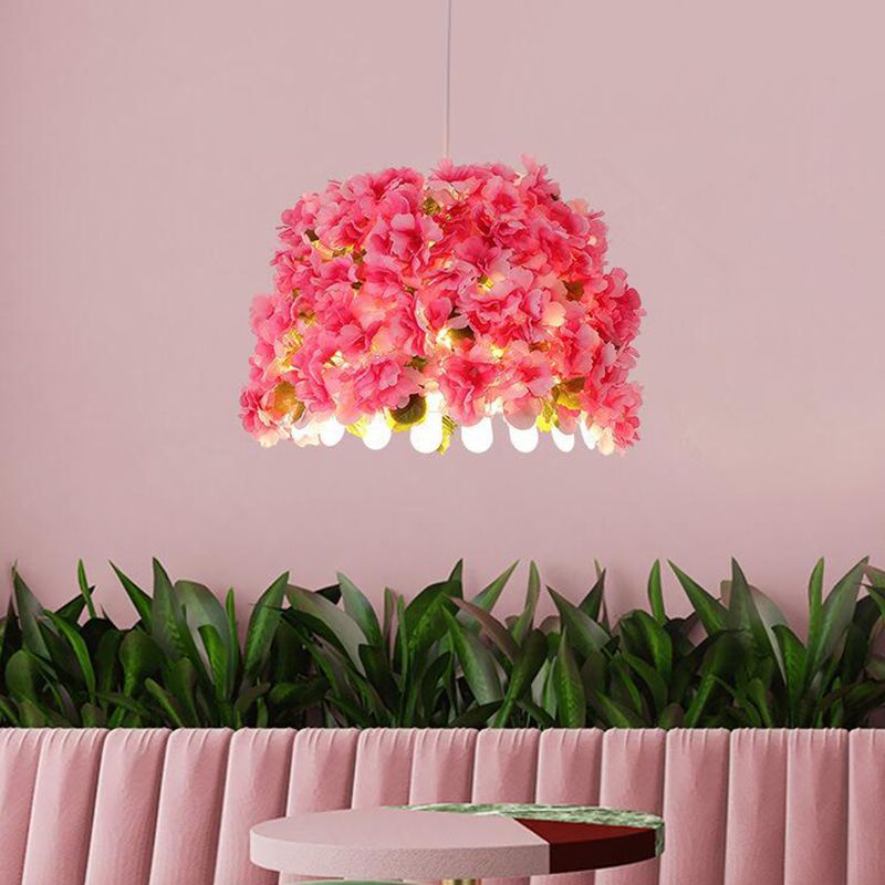 1 Bulb Metal Drop Pendant Factory Pink Bucket Restaurant Pendulum Light with Artificial Sakura Deco