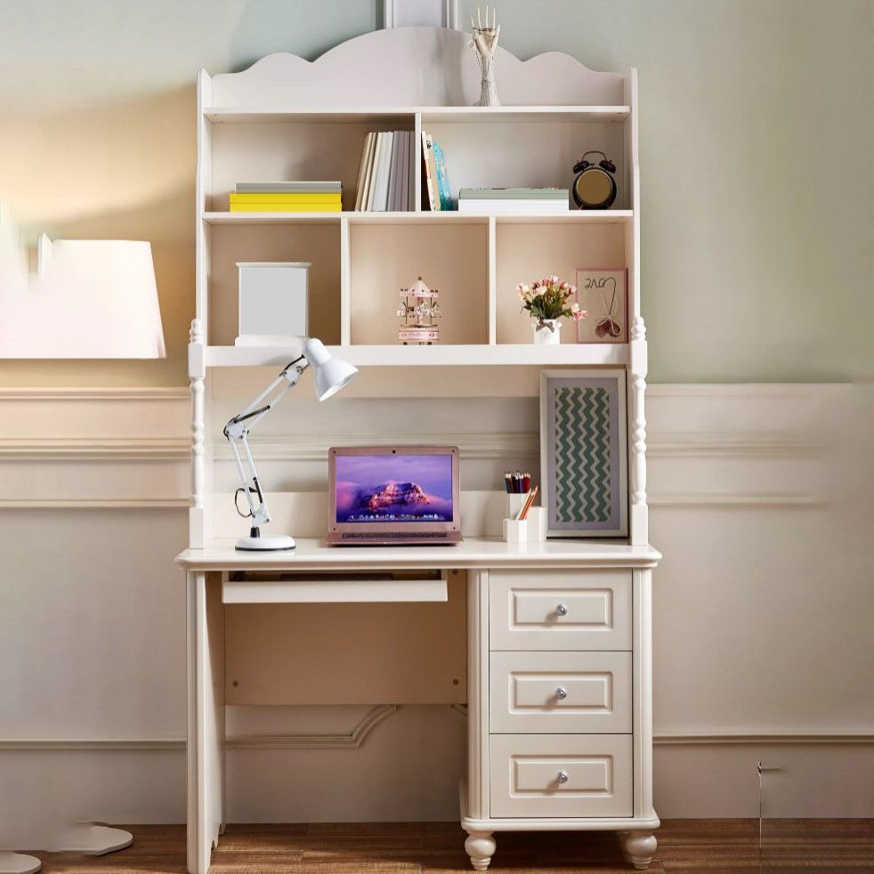 White Writing Desk with 3 Storage Drawer and Bookshelf in Solid Wood