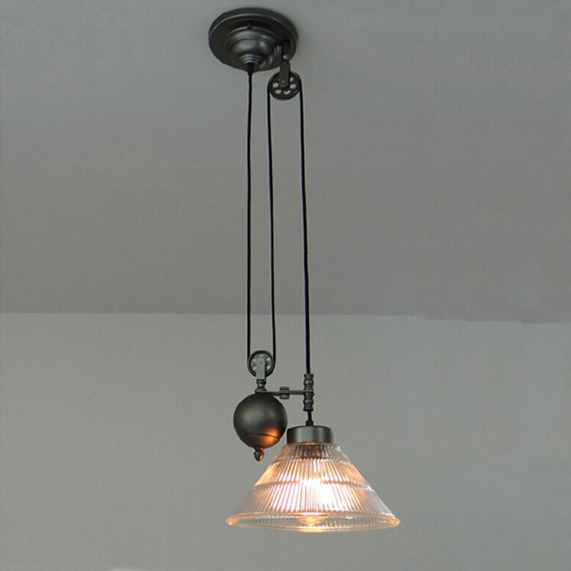 1 Head Ceiling Hang Light Industrial Ribbed Cone Clear Glass Pendant Lamp with Pulley in Black