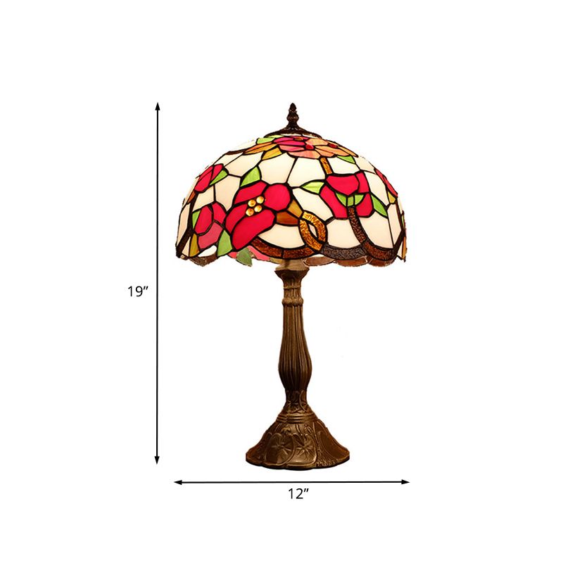 1-Head Nightstand Light Baroque Bowl Shade Stained Art Glass Blossom Patterned Table Lamp in Bronze