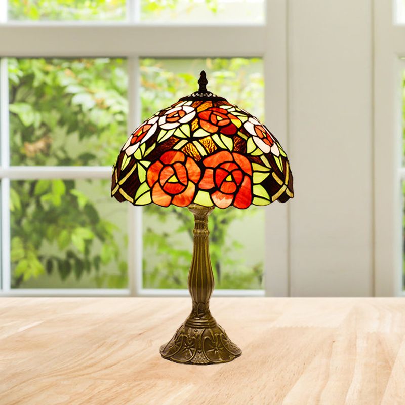 Victorian Style Flower Table Lamp 1 Head Red/Orange Stained Glass Nightstand Light for Bedroom