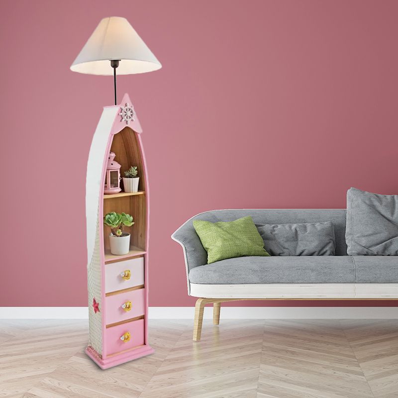 Wood Surfboard-Like Shelf Floor Lamp Children Single Head Pink/Green/Blue Standing Light with Cone White Fabric Shade