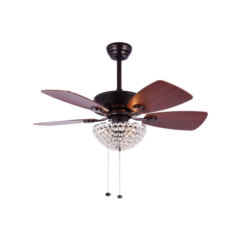 Crystal Embedded Dome Ceiling Fan Light Modernist LED Semi Flush Lamp with 4 Red Brown Blades, 36" Wide