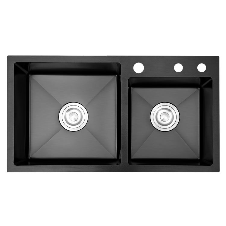 Double Bowl Stainless Steel Sink in black with Strainer Drop-In Kitchen Sink