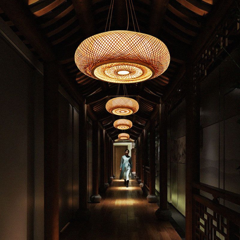 Bamboo Weaving Round Hanging Lamp Chinese Wooden Suspension Lighting Fixture for Bedroom