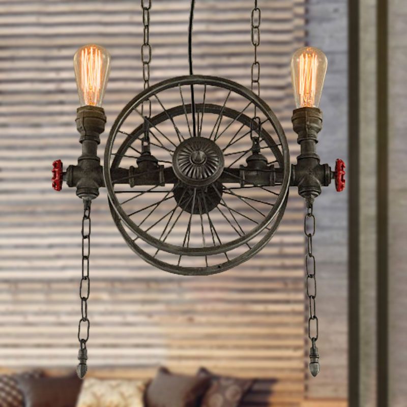 Rustic Style Exposed Bulb Hanging Light with Wheel Design 2 Lights Wrought Iron Pendant Chandelier in Bronze