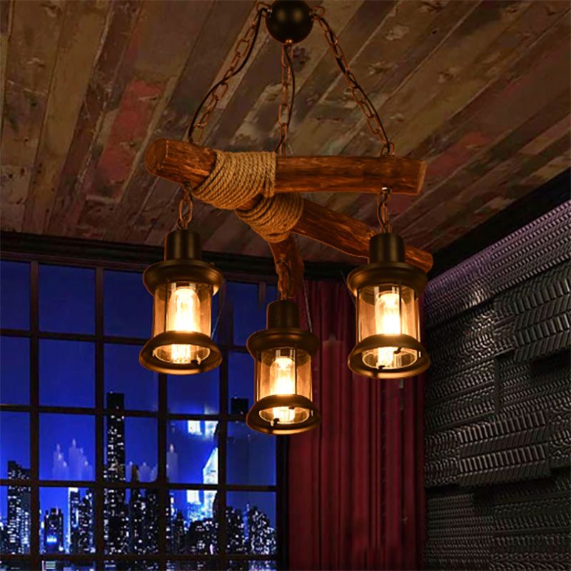 3-Bulb Ceiling Lamp with Lantern Shade Clear Glass Vintage Dining Room Chandelier Pendant Light in Black