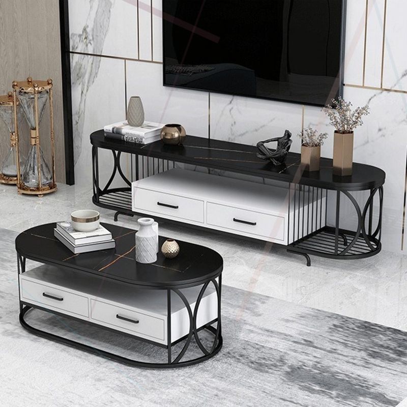 Glam Stone TV Media Stand Open Shelving TV Stand Console with Drawers