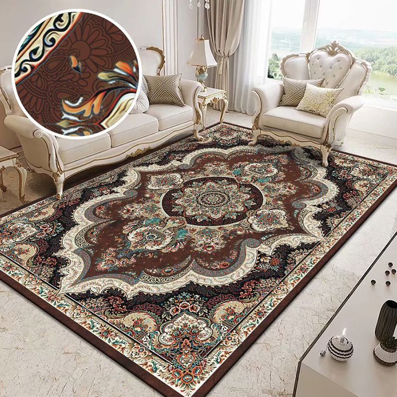 Fancy Traditional Area Rug Brown Polyester Area Carpet Stain Resistant Rug for Home Decor