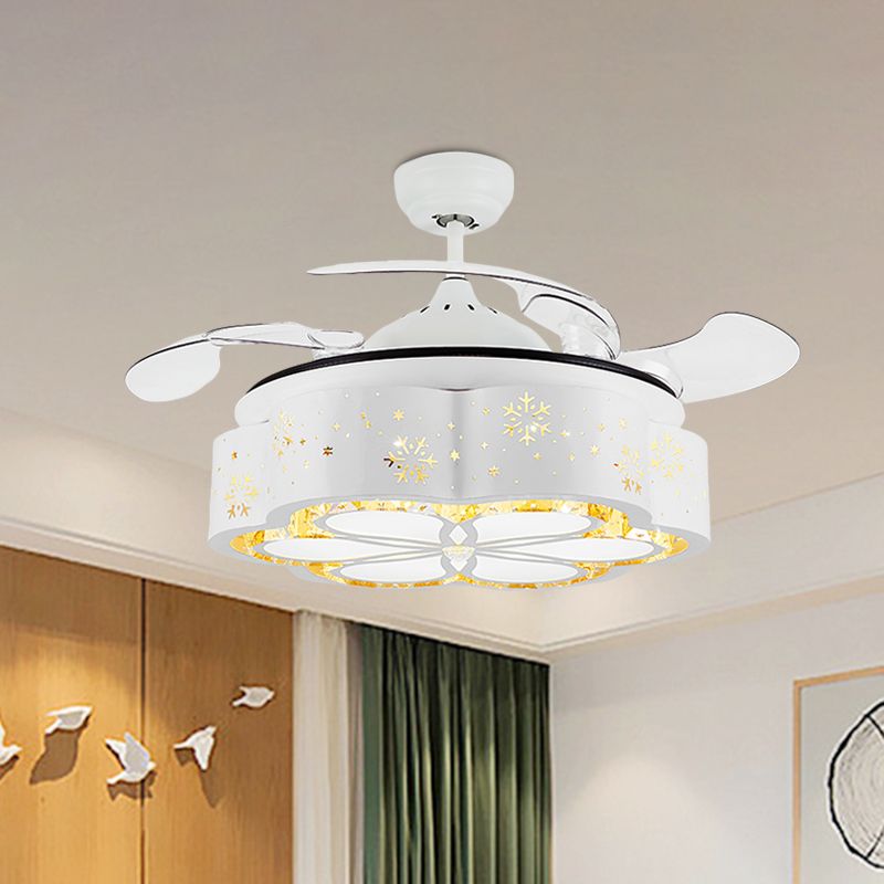 16" W White Floral/Drum Ceiling Fan Light Modern Crystal Bedroom LED Semi Flush Mount with 3 Retractable Blades