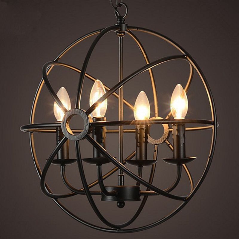 Retro Industrial Style Globe Pendant Chandelier  Iron Hanging Light Fixture with Candle Design for Coffee Shop