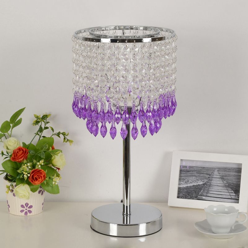 Crystal Beaded Red/Pink/Purple Table Lamp 2 Tiers Tassel Single-Bulb Modernist Nightstand Light for Bedside