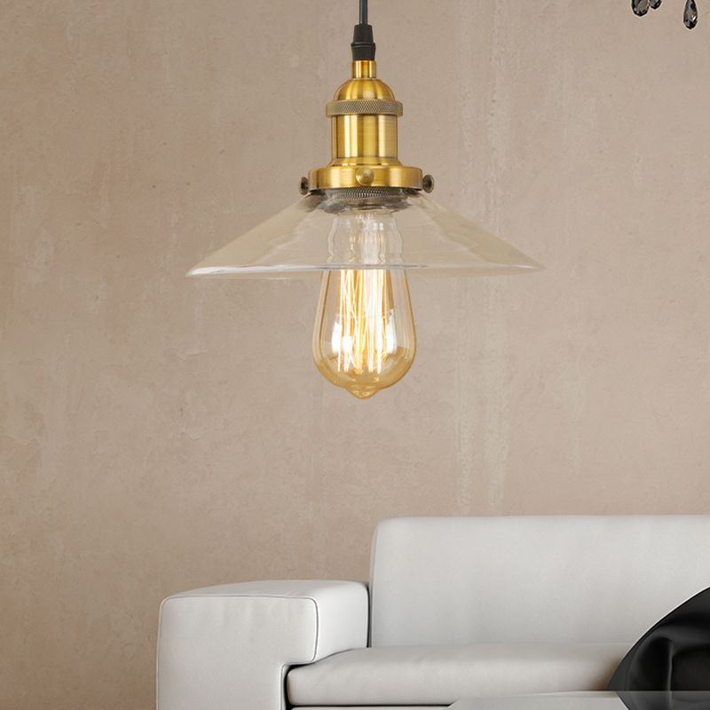 1 Light Clear Glass Pendant Lamp Industrial Black/Rust/Copper Cone Living Room Hanging Light Fixture