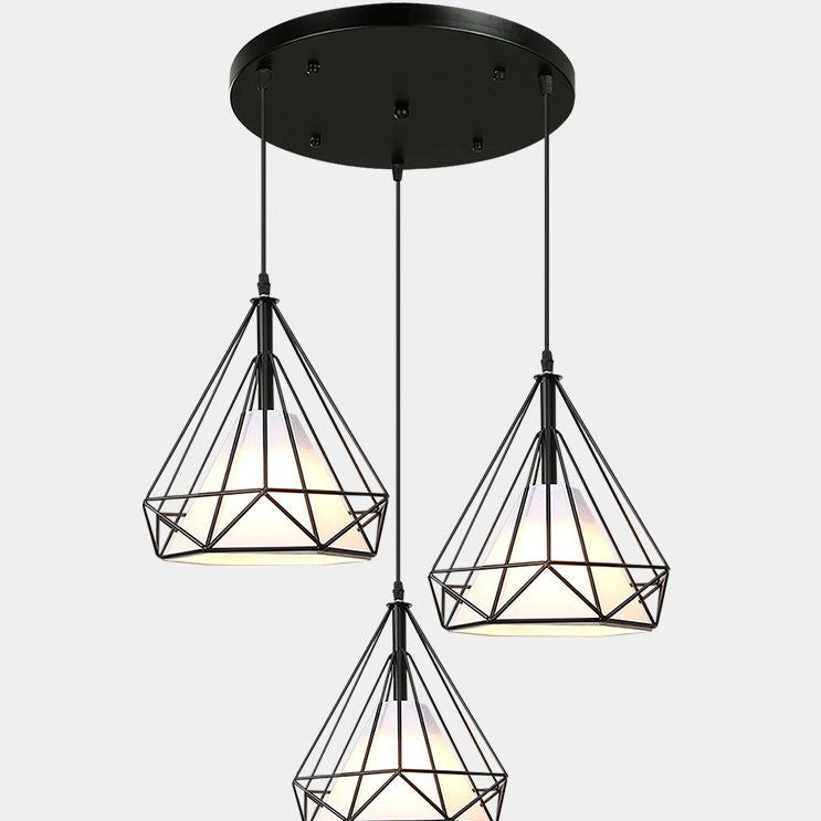 3 Lights Diamond Cage Pendant Industrial Iron Ceiling Pendant with Hanging Cord for Bar