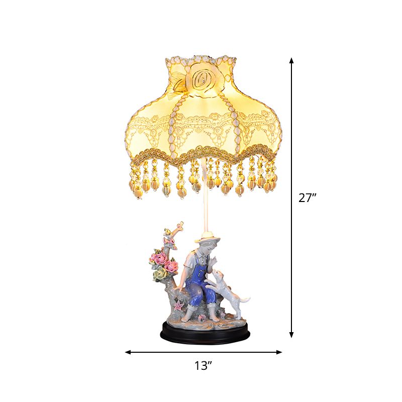 Beige Ruffle Edge Nightstand Lamp Pastoral 1 Light Fabric Night Light with Ceramic Boy and Dog