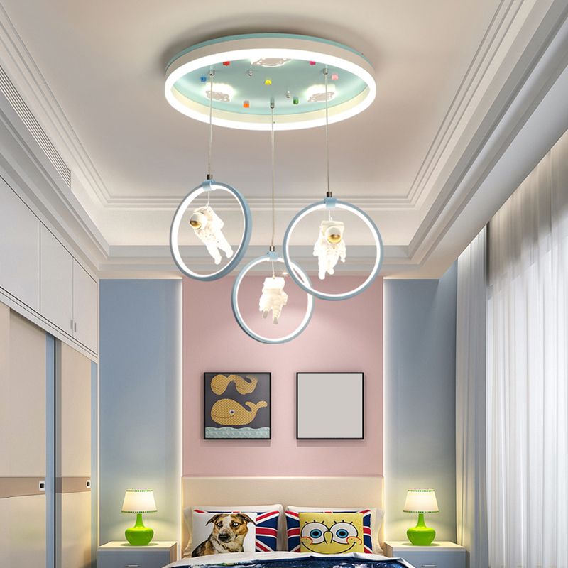 Ring Shaped Metallic Multi Ceiling Light Kids Style Light Green LED Suspension Lighting with Astronaut Decor