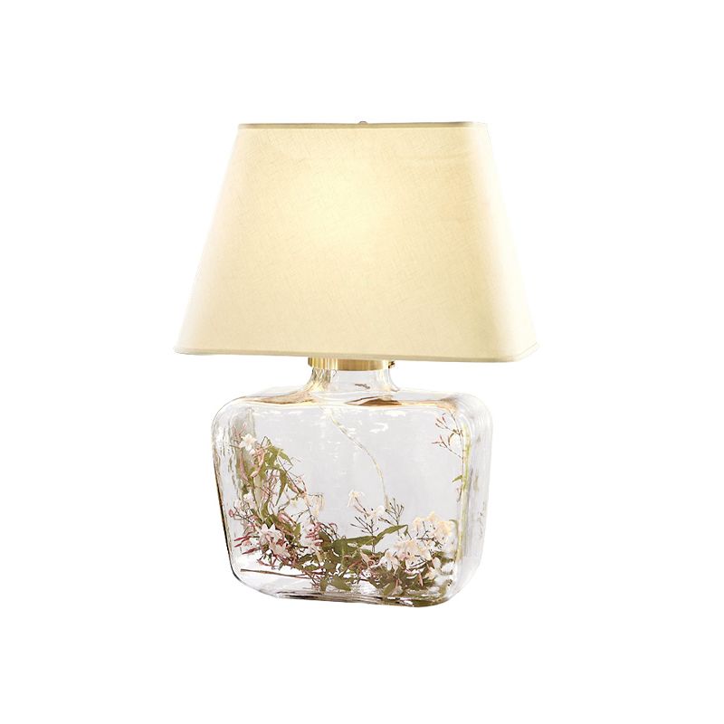 Country-Style Jar Shape Table Lamp 1-Head Clear Glass Night Light with Trapezoid White Fabric Shade