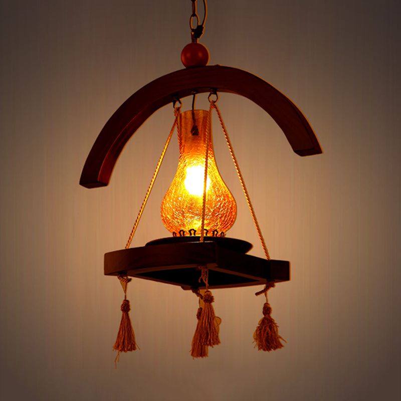 1 Head Drop Pendant Factory Kerosene Yellow Crackle Glass Hanging Lamp with Wood Tray Design