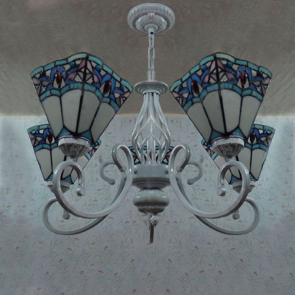 Pyramid Chandelier Lights Tiffany Stained Glass 5 Lights Hanging Ceiling Fixture in Blue and White