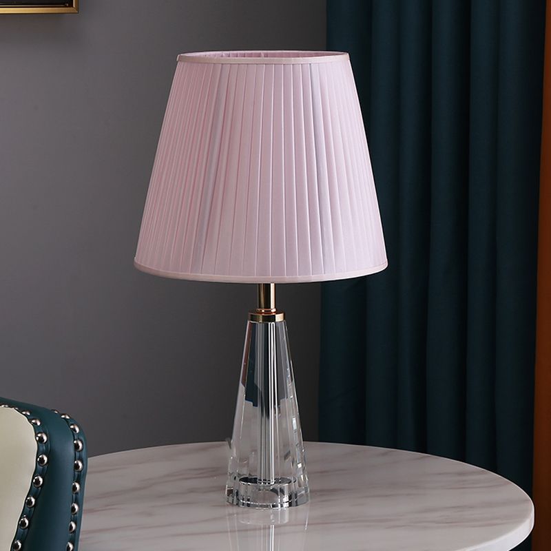 1 Light Conical Desk Lighting Minimalism Clear Crystal Nightstand Lamp in Grey/Pink/Blue with Pleated Shade