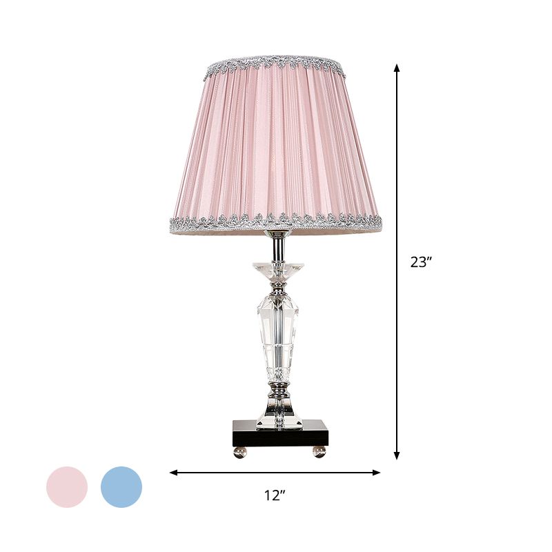 1-Head Bedroom Crystal Table Lighting Contemporary Pink/Blue Nightstand Light with Conical Fabric Shade