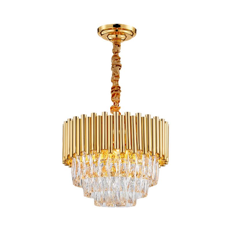 Golden Layered Hanging Chandelier with Crystal Prism Modernist 6/10/12 Bulbs Pendant Light Fixture in Gold Finish