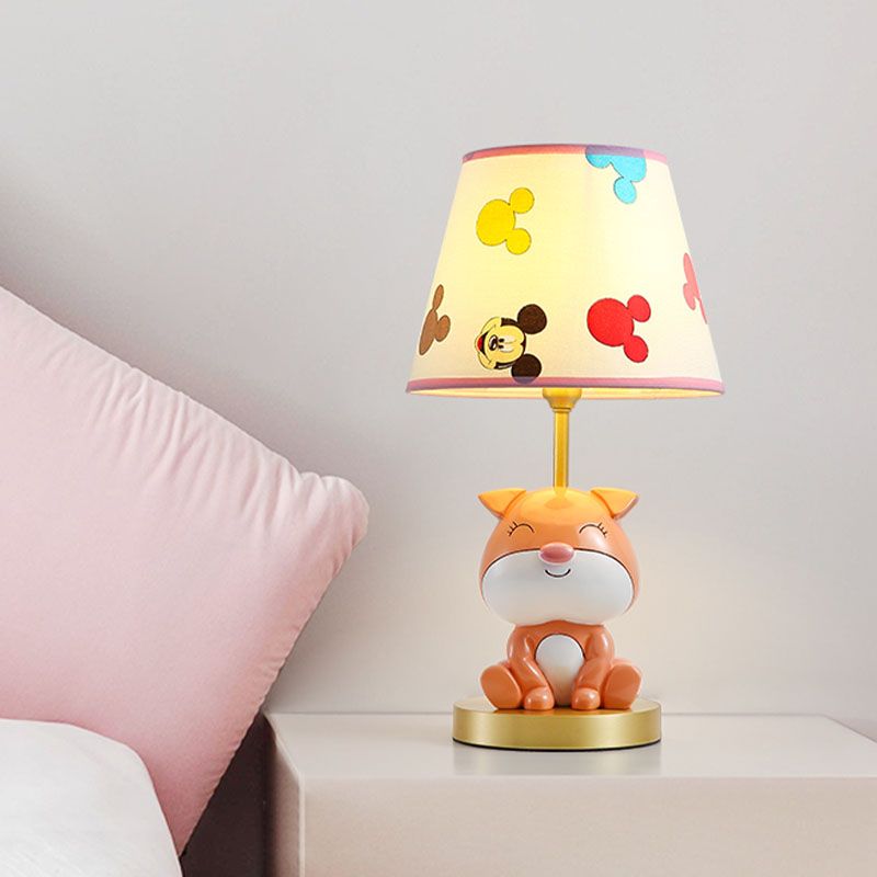 Yellow/Orange Doggy Table Lighting Kids 1 Bulb Resin Night Stand Lamp with Fabric Shade for Child Bedroom