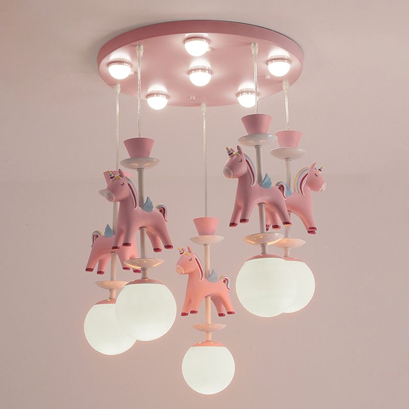 Merry-Go-Round Multi Ceiling Lamp Kids Metallic Nursery Suspension Light Fixture with Unicorn Decor